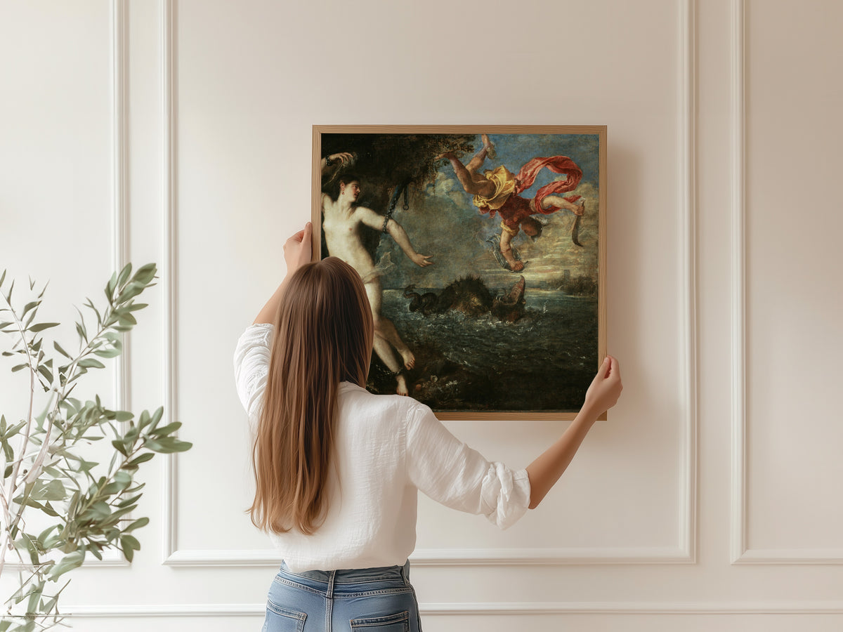 Framed art print of Perseus and Andromeda by Titian, hung on a panelled wall