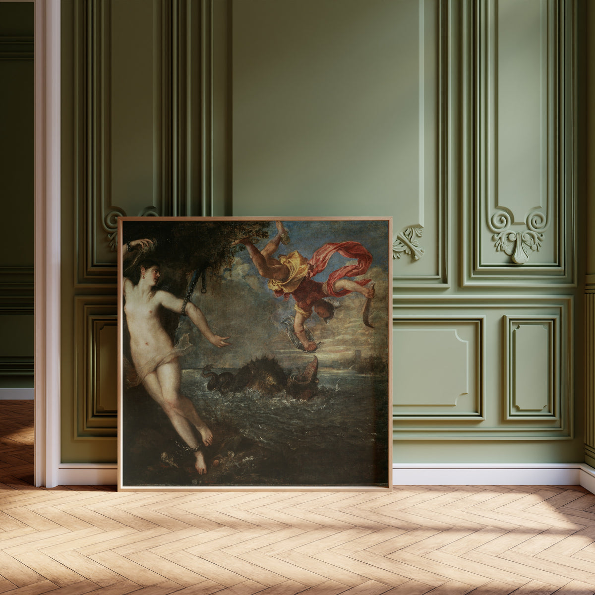 Framed art print of Perseus and Andromeda by Titian, leaning against olive-green panelling on a herringbone floor