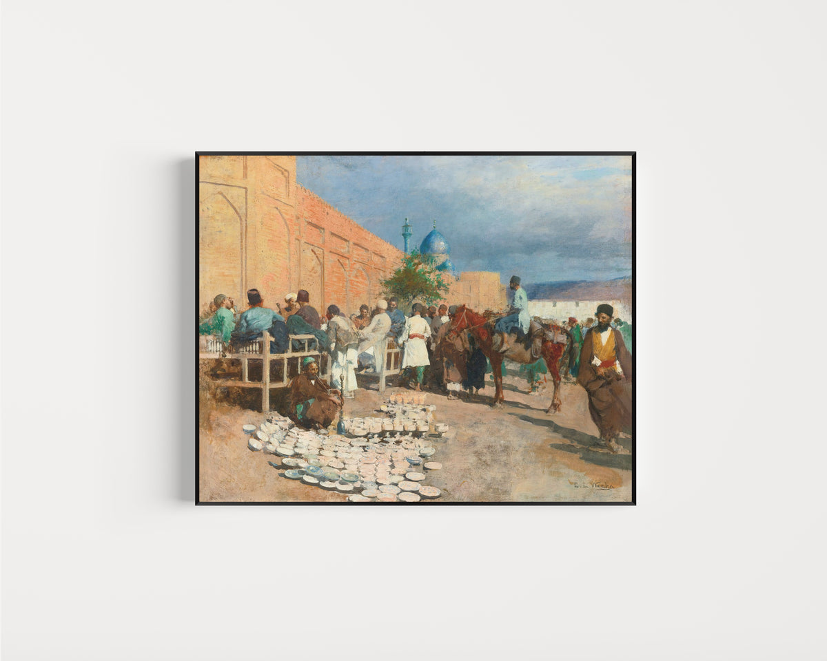 Framed art print of The Pottery Seller by Edwin Lord Weeks, in a slim black frame on a plain white wall