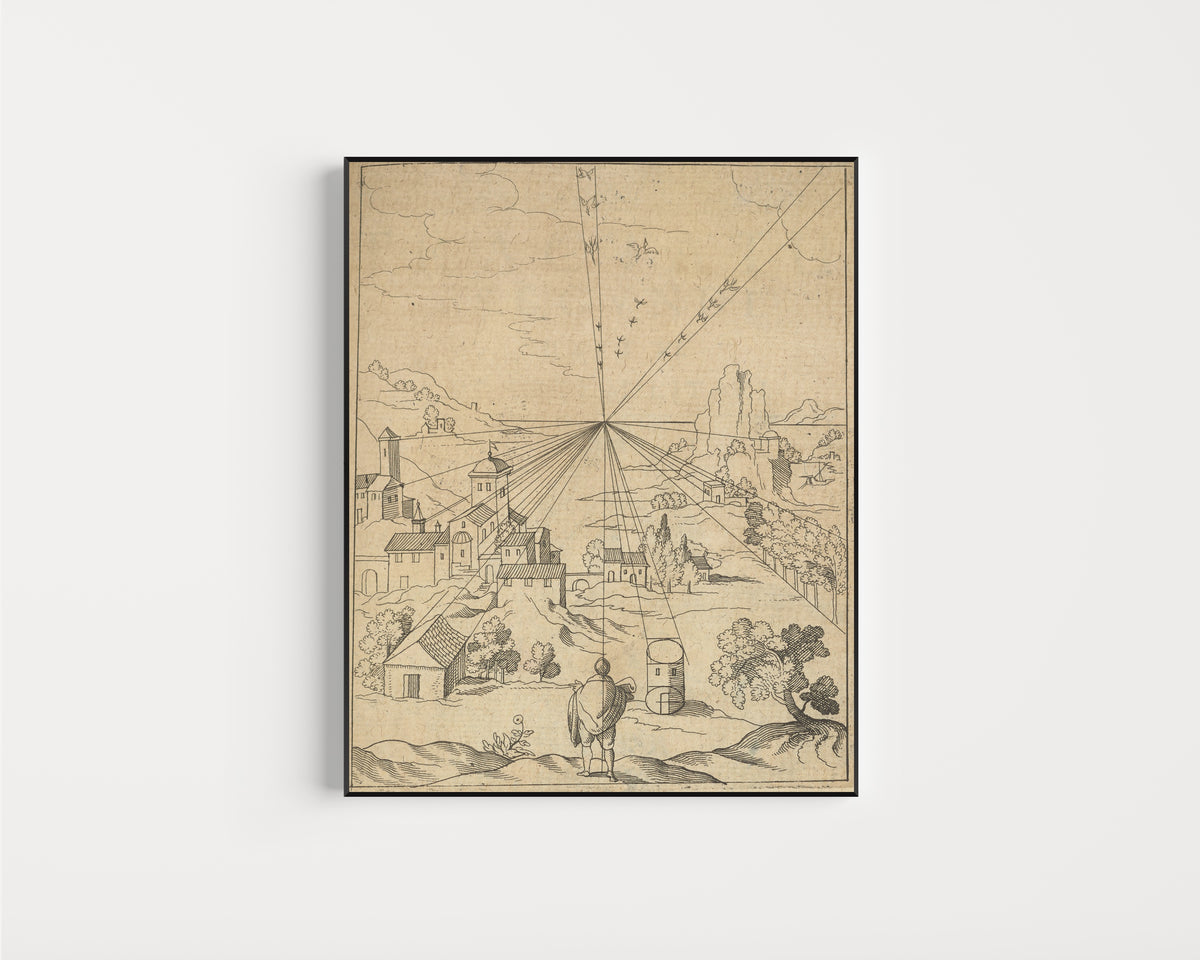 Framed art print of Perspective Landscape with a Viewer (Utriusque Cosmi, p. 341) by Robert Fludd, in a slim black frame on a plain white wall