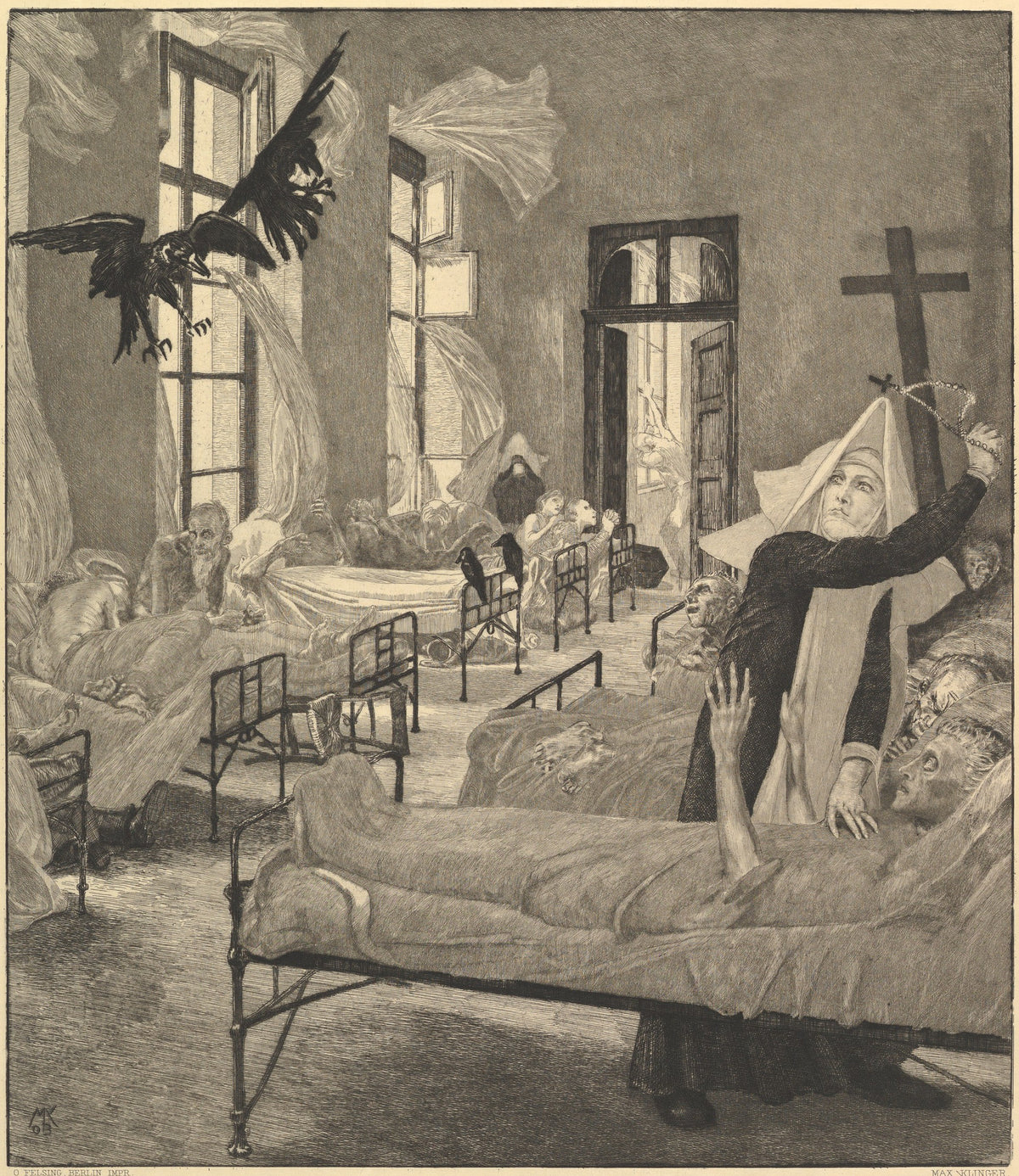 Pest by Max Klinger — Ravens sweep into a plague ward as a nun raises her rosary