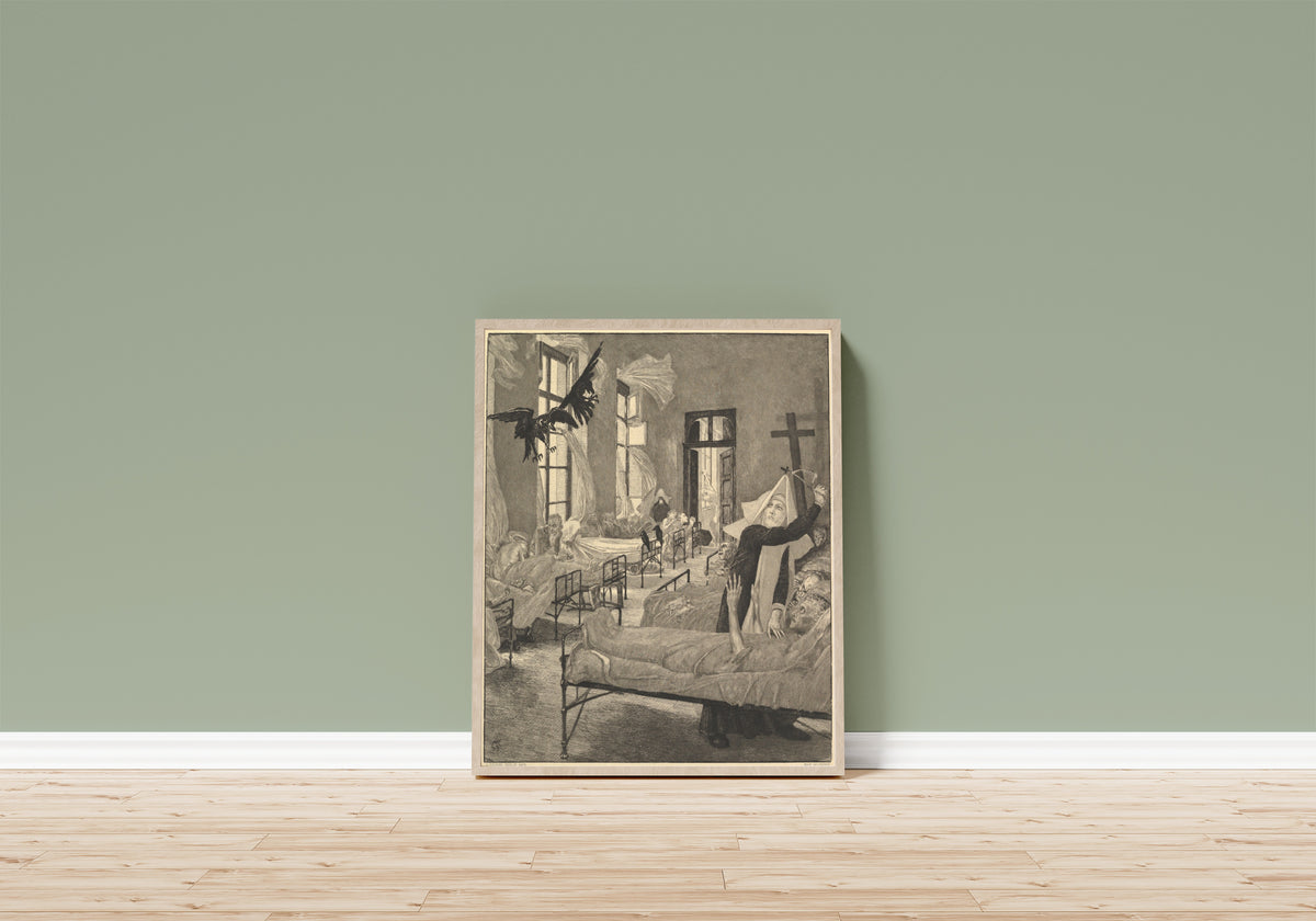Framed art print of Pest by Max Klinger, in a light wood frame leaning on a sage green wall above a wooden floor