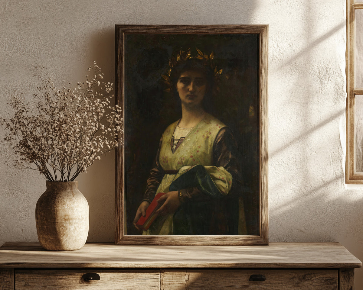 Framed art print of Petrarch's Laura by Alexandre Cabanel, in a dark wood frame leaning on a rustic console beside dried flowers
