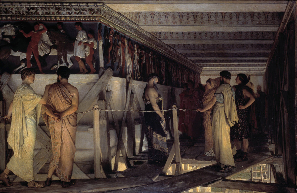Pheidias and the Frieze of the Parthenon, Athens by Lawrence Alma-Tadema — On the scaffolding, visitors view the newly painted Parthenon frieze