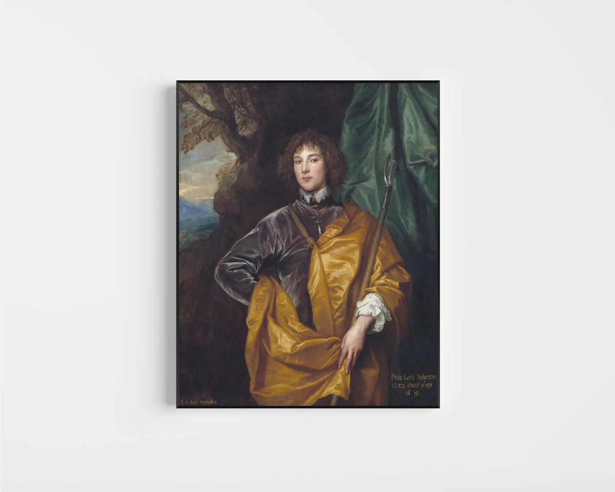 Framed art print of Philip, Lord Wharton by Anthony van Dyck, in a slim black frame on a plain white wall