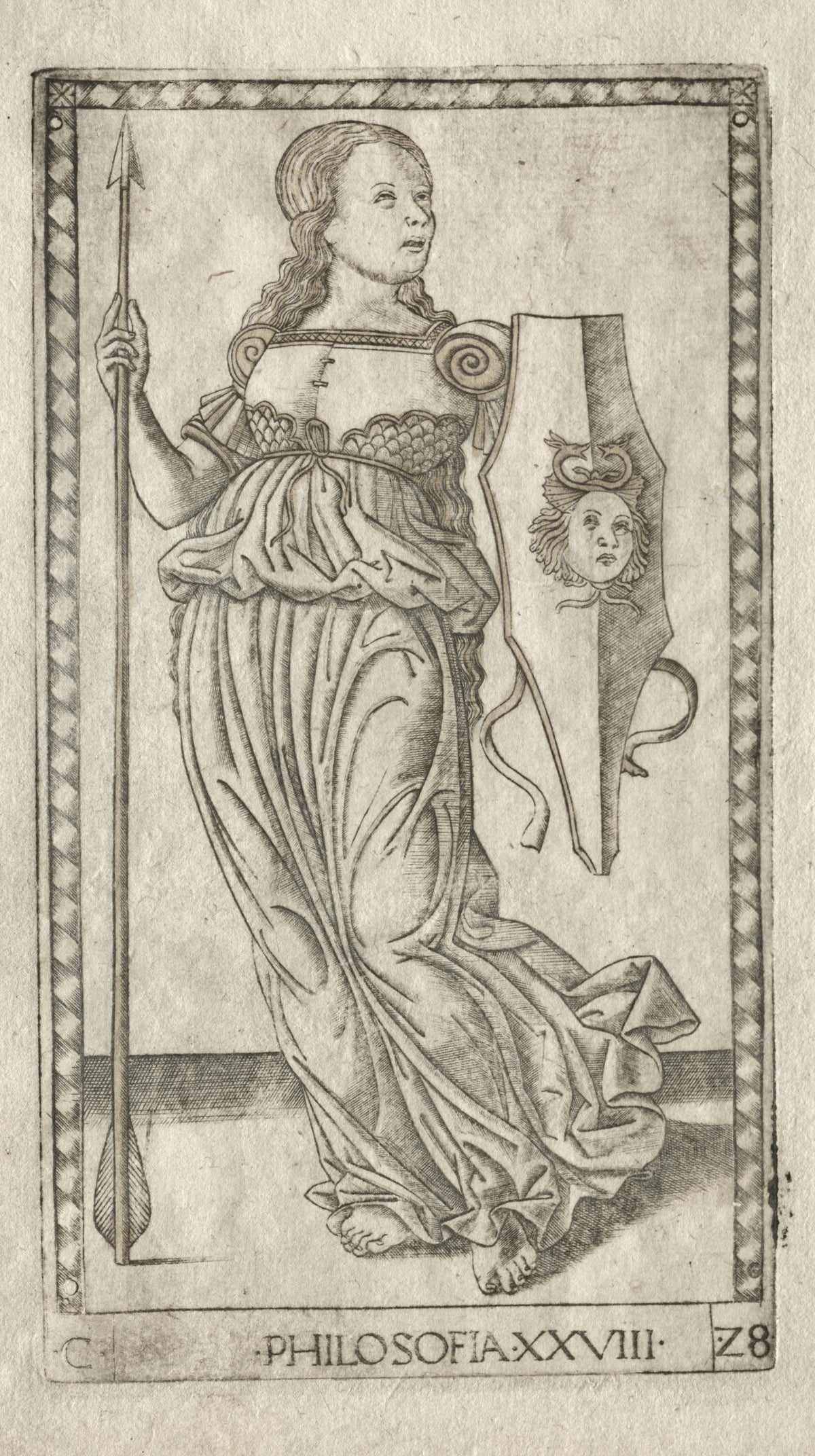 Philosophy (from the Tarocchi, Series C: Liberal Arts, no. 28) by Master of the E-Series Tarocchi — Philosophy with lance and Medusa shield, her long hair