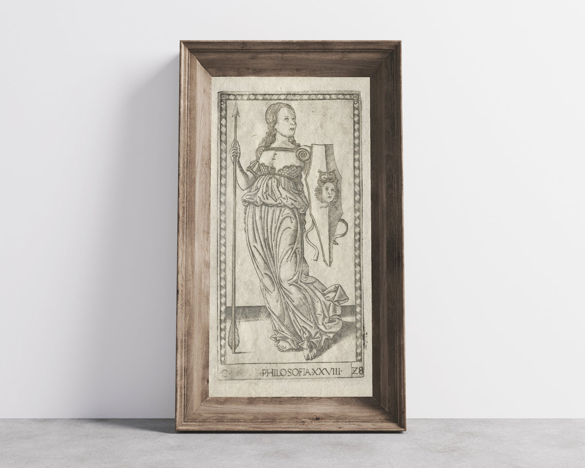 Framed art print of Philosophy (from the Tarocchi, Series C… by Master of the E-Series Tarocchi, in a wide wooden frame leaning against a concrete wall