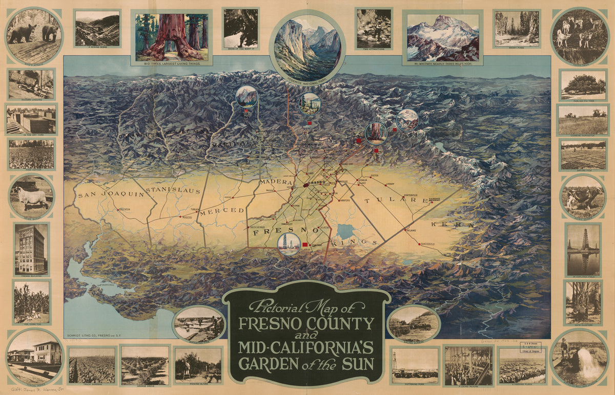 Schmidt Lithograph Company — Pictorial Map of Fresno County and Mid-California's Garden of the Sun | Vintage Pictorial Map Print