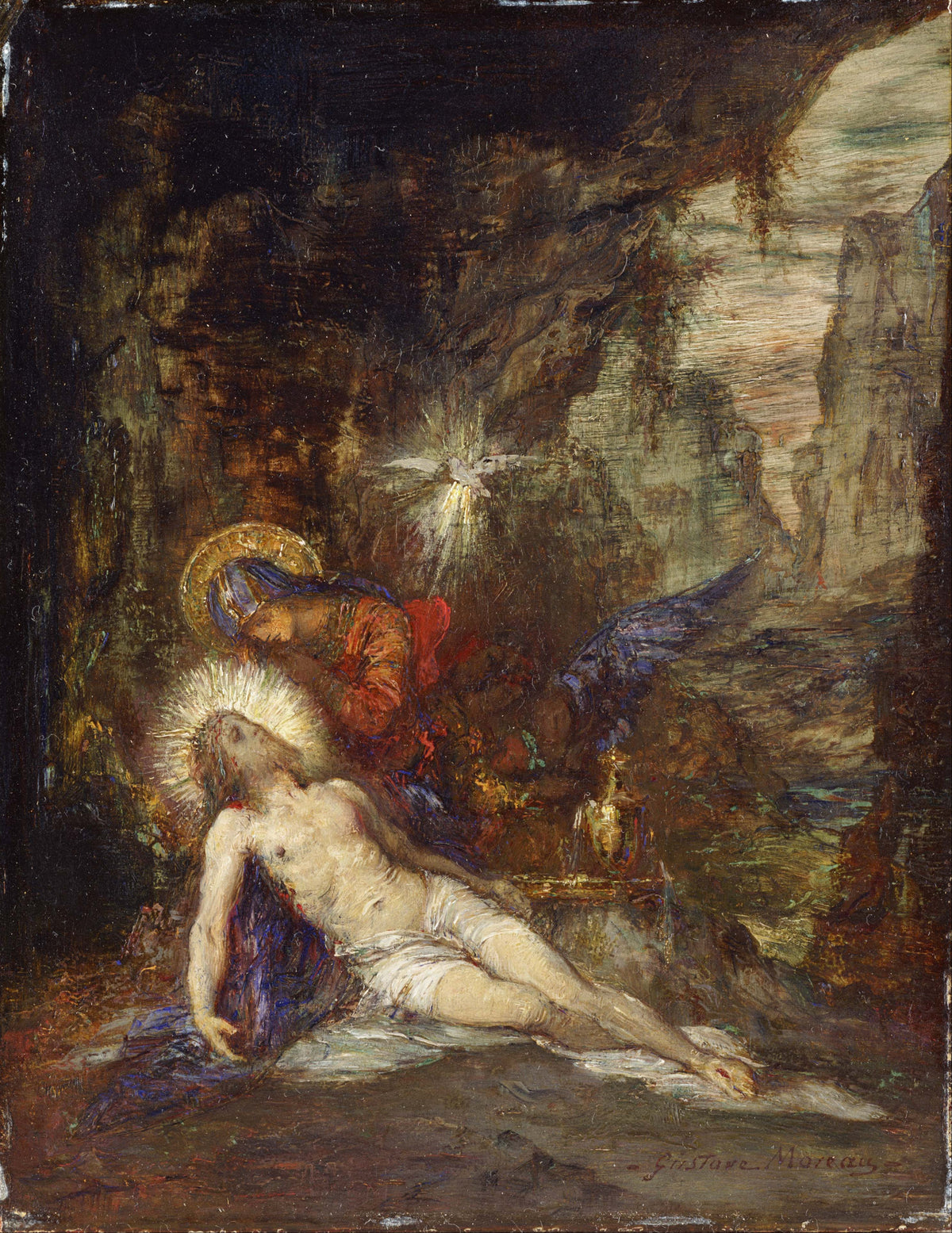 Pietà by Gustave Moreau — The Virgin bends over Christ's body in a dark rocky grotto