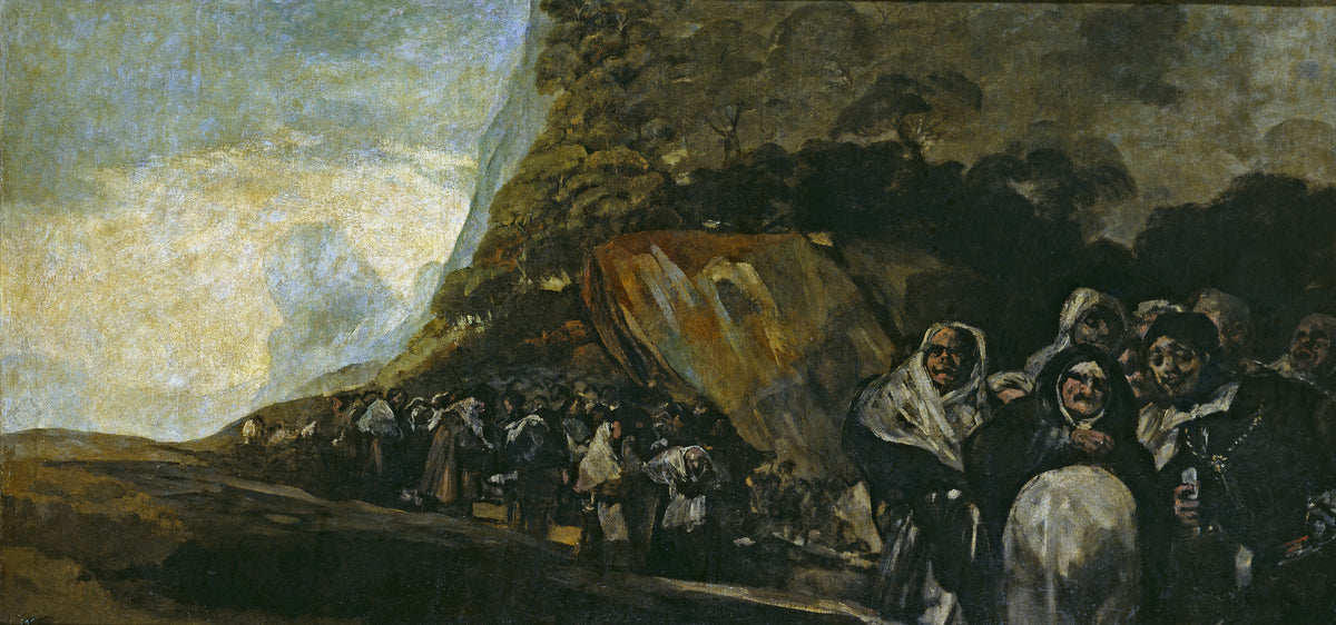 Pilgrimage to the Fountain of San Isidro by Francisco de Goya — A dark procession winds past a rock while hooded faces press forward