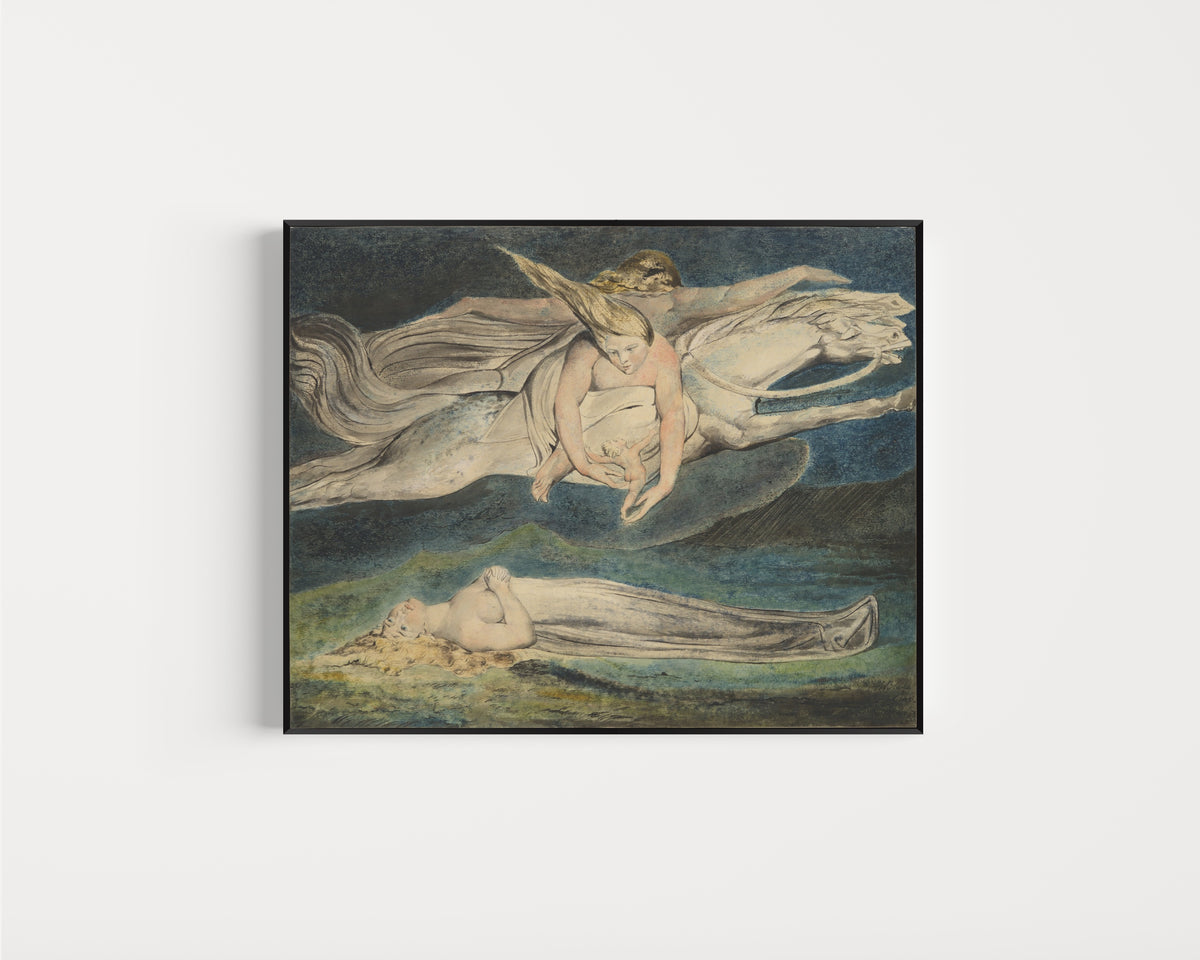 Framed art print of Pity by William Blake, in a slim black frame on a plain white wall