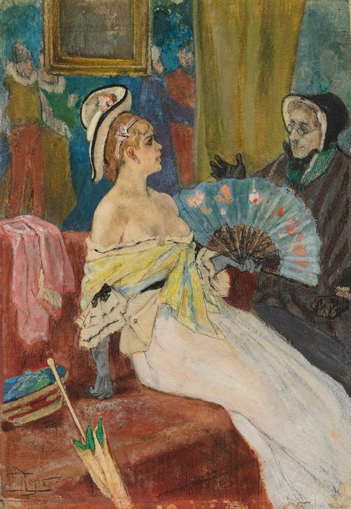 Plénipotentiaire by Félicien Rops — A young woman with a painted fan faces an old woman in a bonnet
