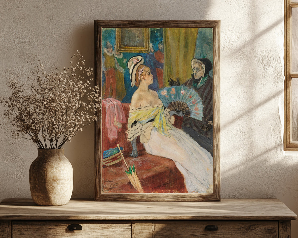 Framed art print of Plénipotentiaire by Félicien Rops, in a dark wood frame leaning on a rustic console beside dried flowers