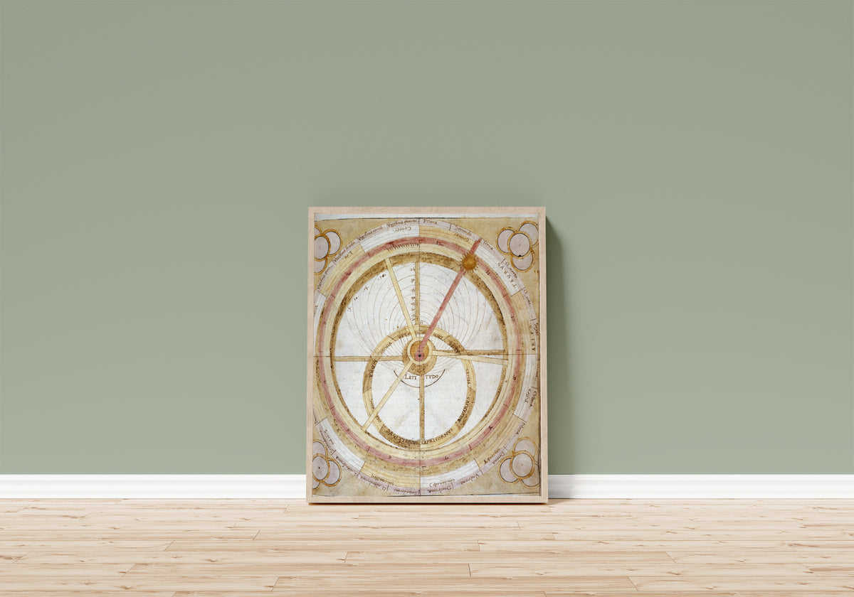 Framed art print of Planetarium: opus de fabrica jorarii magistralis by Unknown artist, in a light wood frame leaning on a sage green wall above a wooden floor