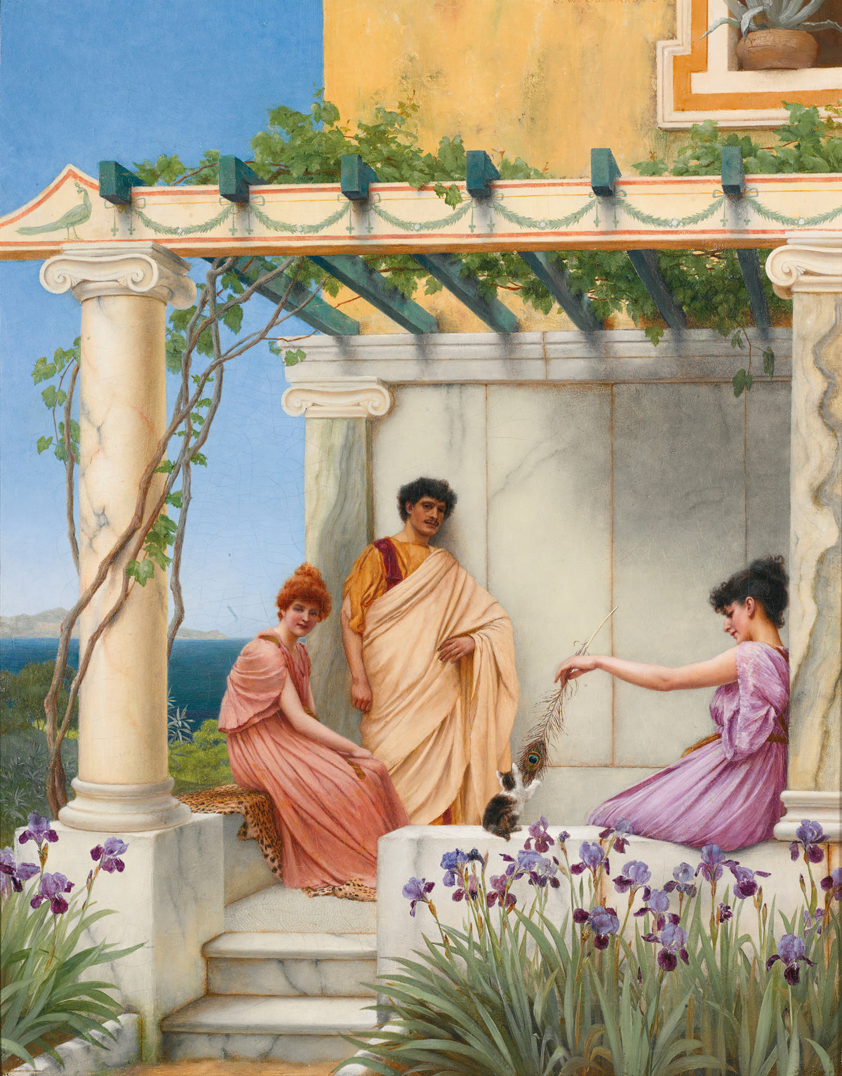 Playtime by John William Godward — A kitten bats at a peacock feather under a vine-hung pergola