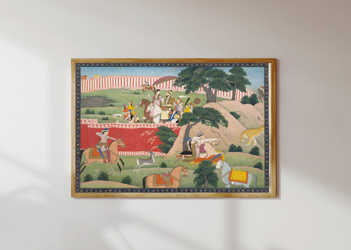 Framed art print of Pleasures of the Hunt by Kangra school, in a light wood frame on a sunlit white wall