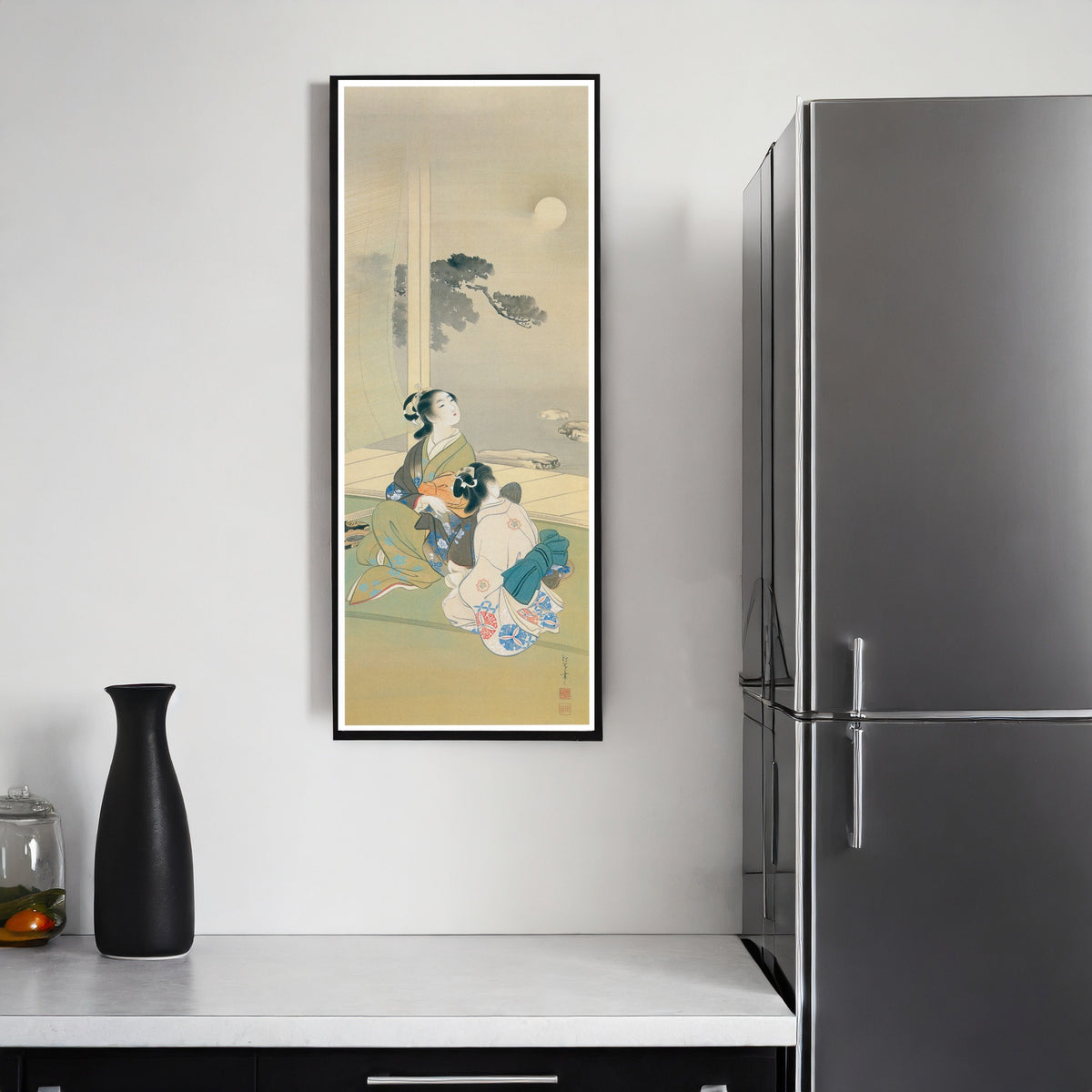 Poetry under the Moon by Uemura Shōen — shown framed on a wall