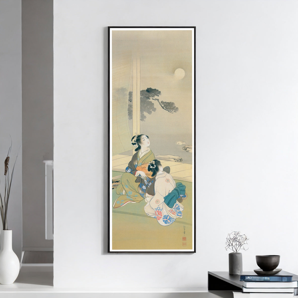 Poetry under the Moon by Uemura Shōen — shown framed on a wall