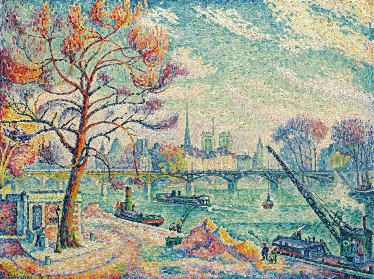 Pont des Arts, Paris by Paul Signac — Workers shovelling sand on a river quay below a bridge and towers