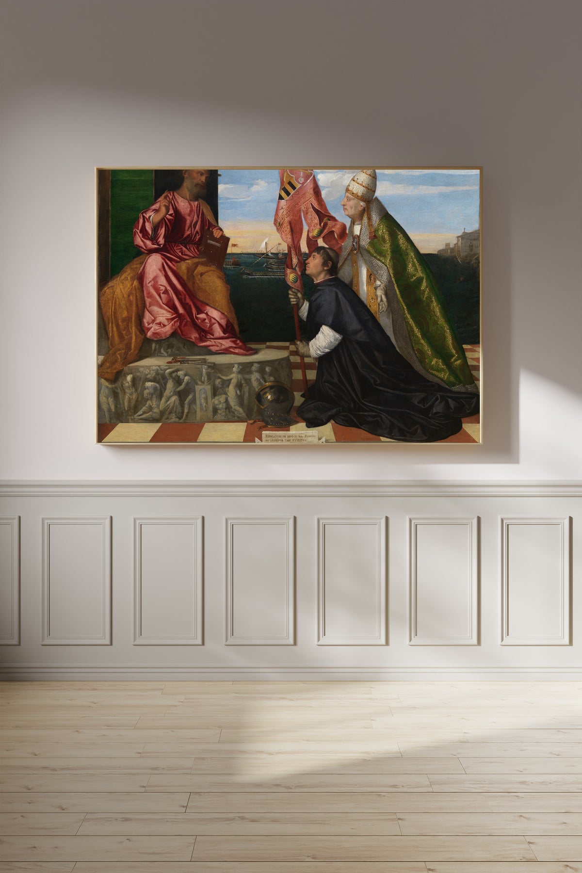 Framed art print of Pope Alexander VI Presenting Bishop Jacopo Pesaro to Saint Peter by Titian, on a panelled wall in afternoon light