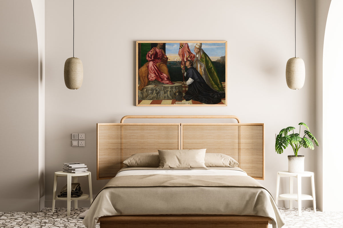 Framed art print of Pope Alexander VI Presenting Bishop Jacopo Pesaro to Saint Peter by Titian, above a cane-headboard bed