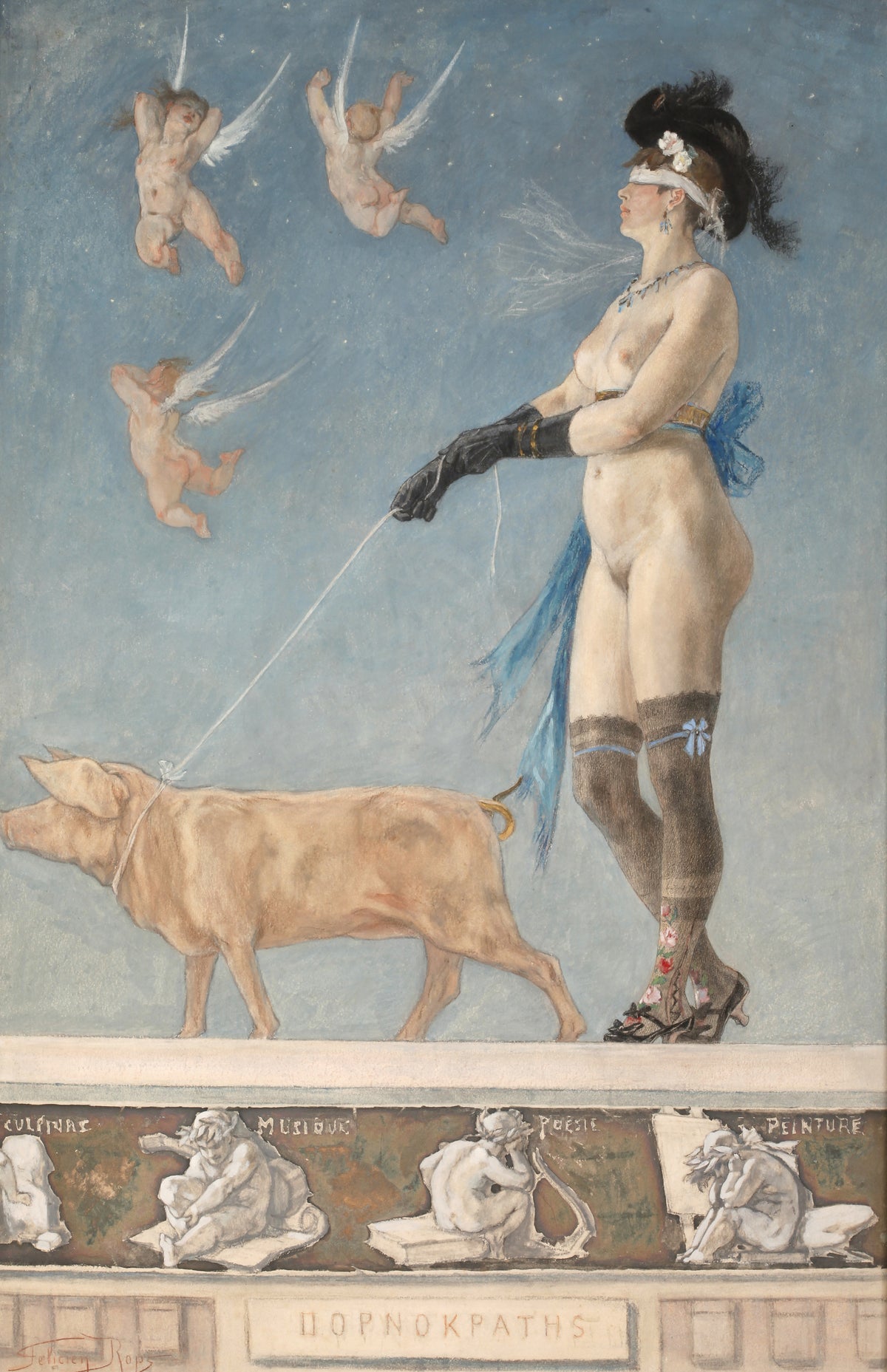Pornokratès by Félicien Rops — A blindfolded woman in a plumed hat walks a pig on a lead