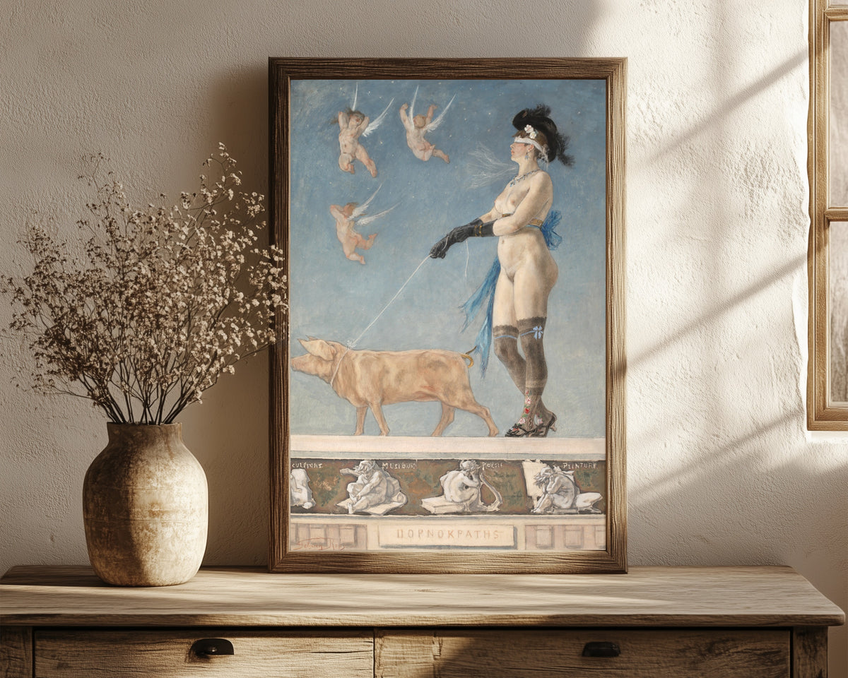 Framed art print of Pornokratès by Félicien Rops, in a dark wood frame leaning on a rustic console beside dried flowers