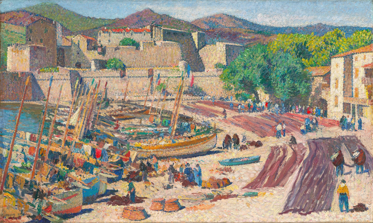 Henri Martin — Port de Collioure le 14 juillet, séchage des filets sur la grève | Pointillist Landscape Print