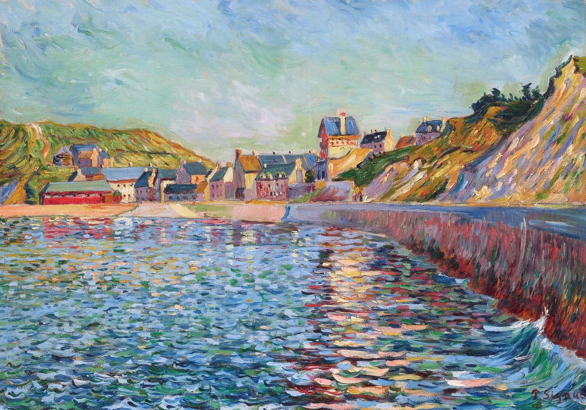Port-en-Bessin, The Outer Harbour by Paul Signac — A curving harbour wall, a row of houses and a breaking wave