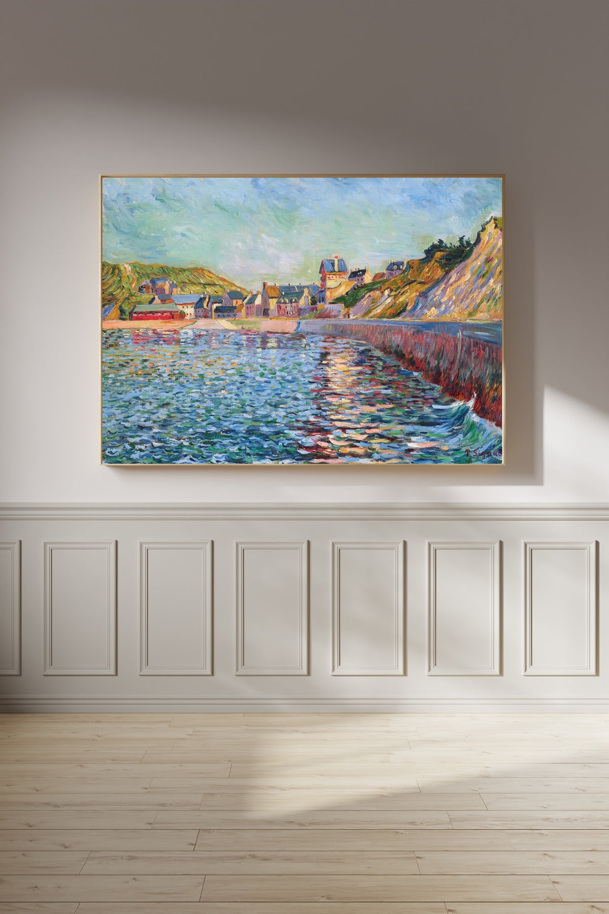 Framed art print of Port-en-Bessin, The Outer Harbour by Paul Signac, on a panelled wall in afternoon light