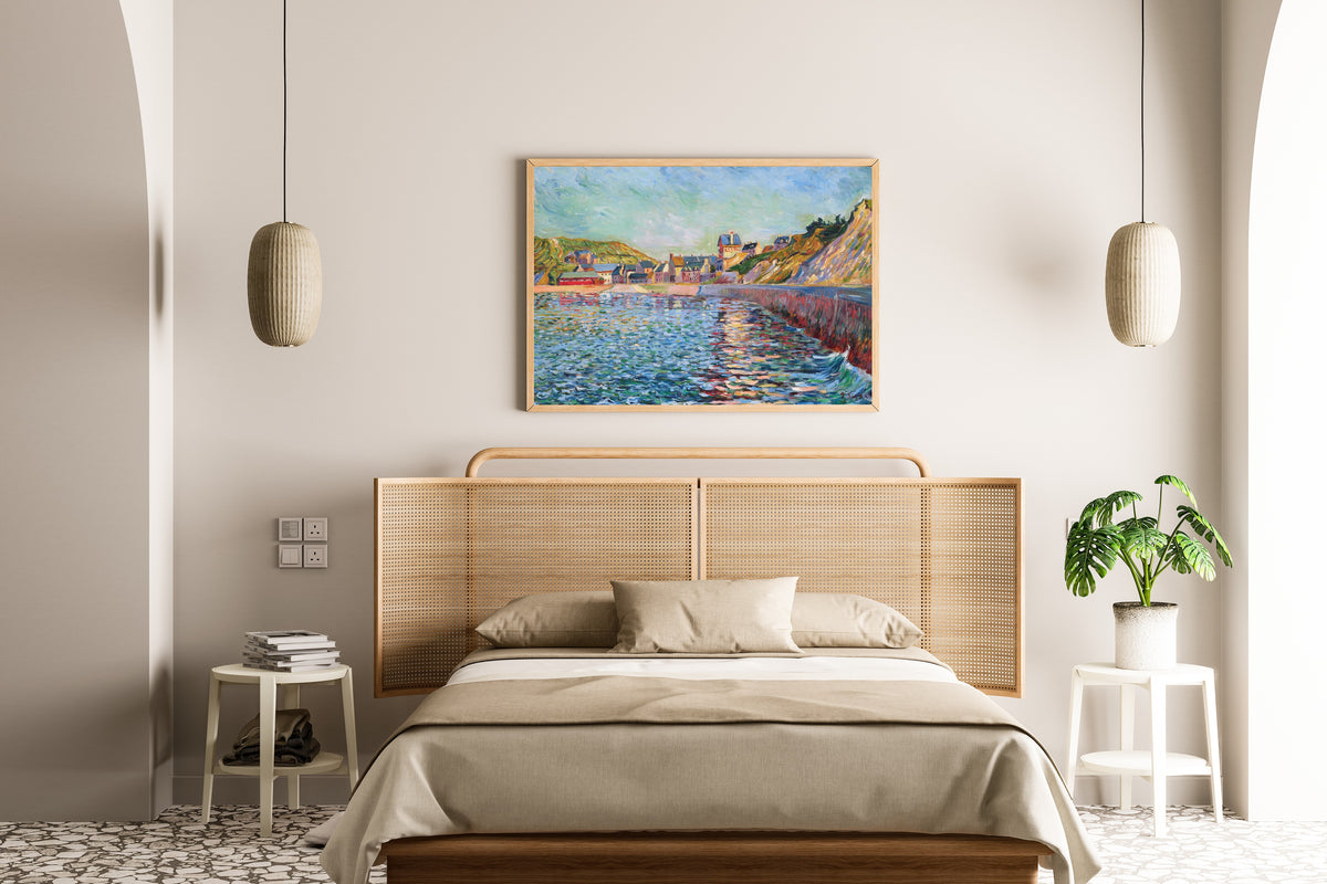 Framed art print of Port-en-Bessin, The Outer Harbour by Paul Signac, above a cane-headboard bed
