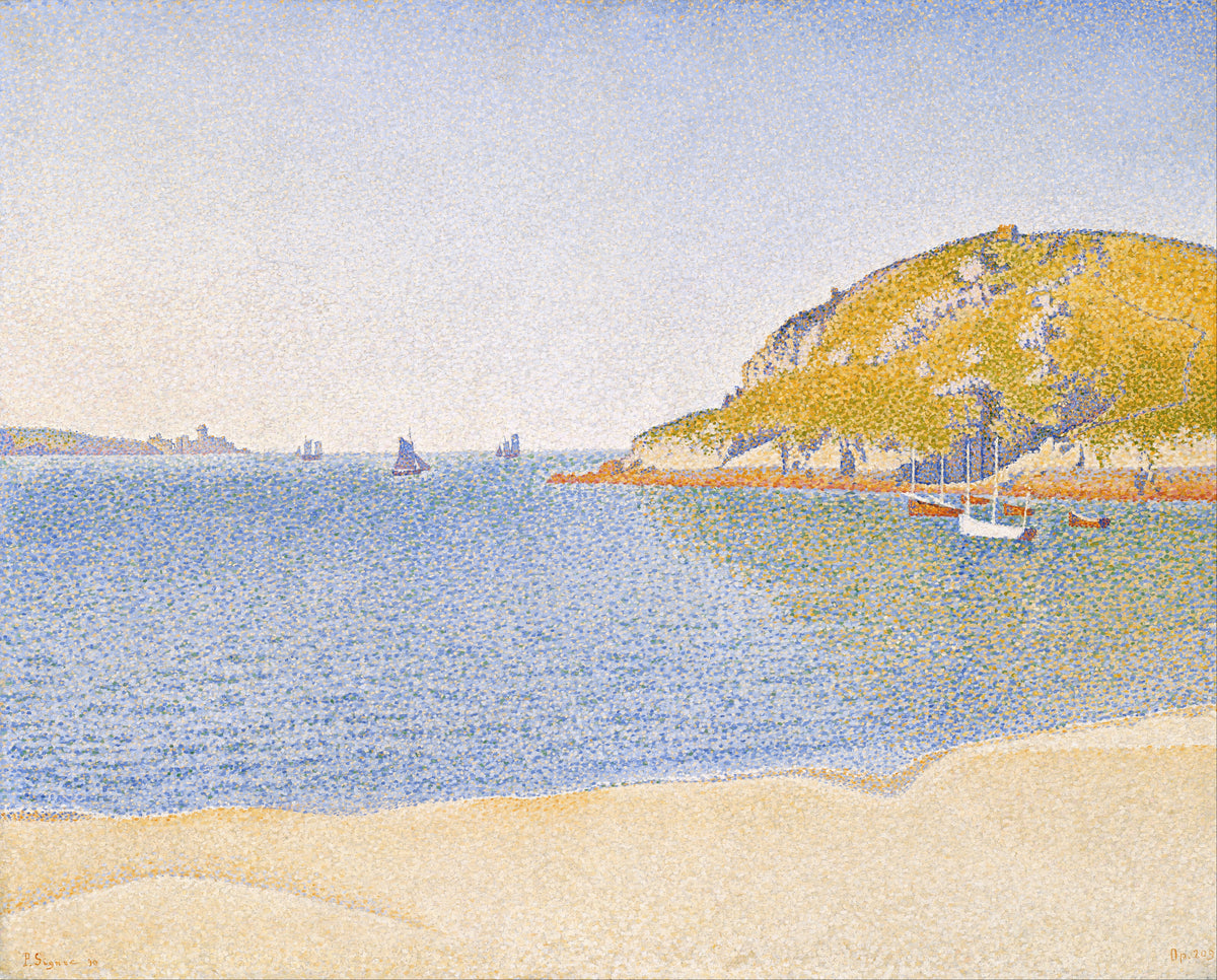 Port of Saint-Cast by Paul Signac — A calm blue bay with a yellow-green headland and a pale beach