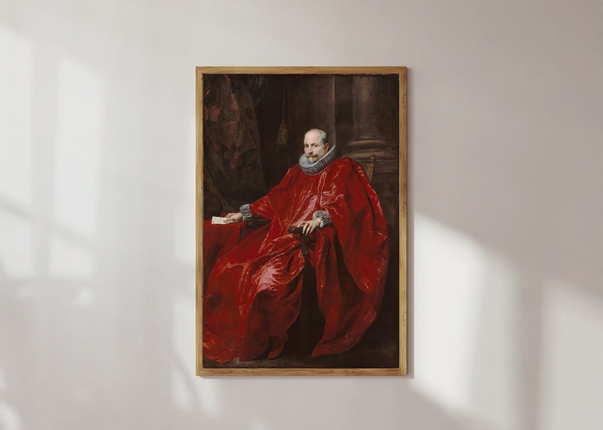 Framed art print of Portrait of Agostino Pallavicini by Anthony van Dyck, in a light wood frame on a sunlit white wall