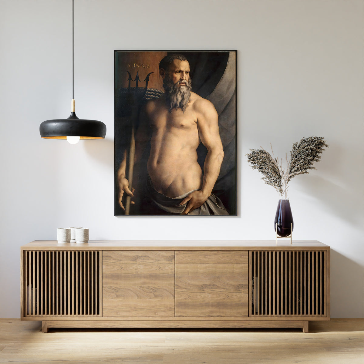Framed art print of Portrait of Andrea Doria as Neptune by Bronzino, above a slatted wood sideboard