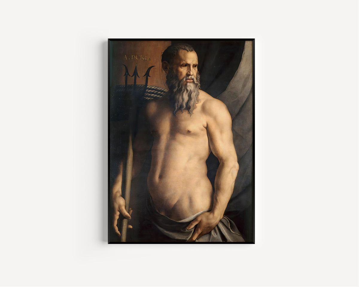 Framed art print of Portrait of Andrea Doria as Neptune by Bronzino, in a slim black frame on a plain white wall