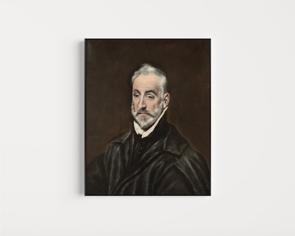 Framed art print of Portrait of Antonio de Covarrubias y Leiva by El Greco, in a slim black frame on a plain white wall