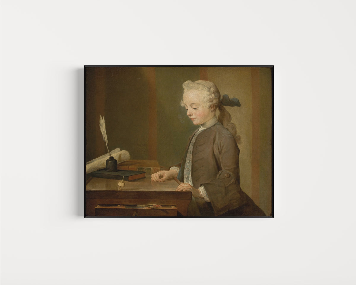 Framed art print of Portrait of Auguste Gabriel Godefroy by Jean-Siméon Chardin, in a slim black frame on a plain white wall