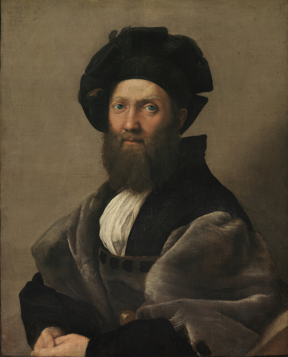 Portrait of Baldassarre Castiglione by Raphael — A bearded man in a black beret and grey fur, calm and direct