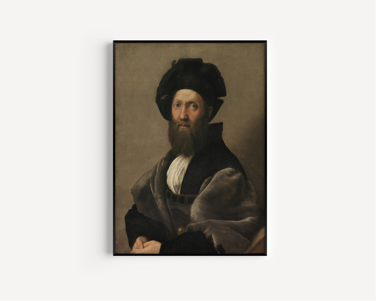 Framed art print of Portrait of Baldassarre Castiglione by Raphael, in a slim black frame on a plain white wall