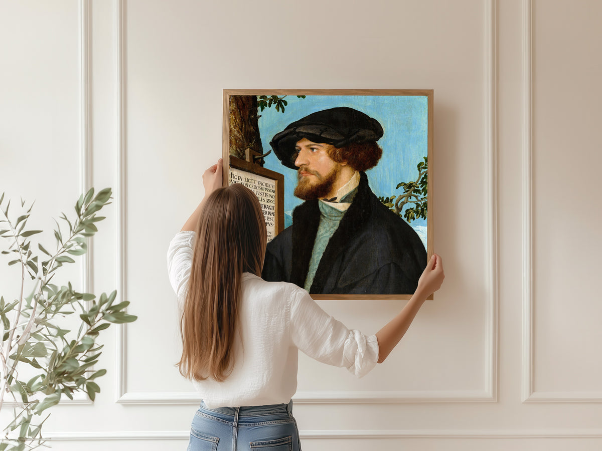 Framed art print of Portrait of Bonifacius Amerbach by Hans Holbein the Younger, hung on a panelled wall