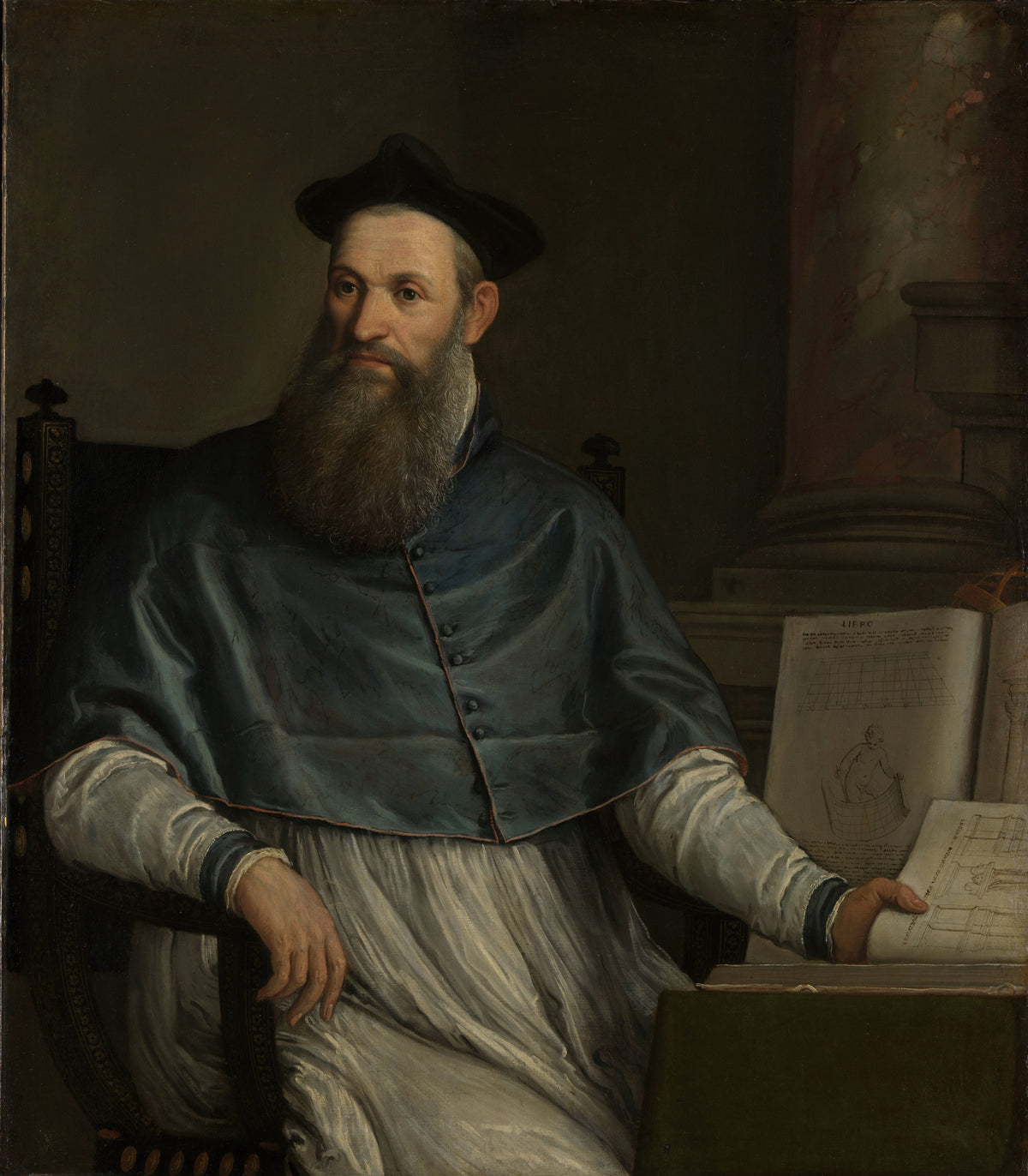 Portrait of Daniele Barbaro by Paolo Veronese — A bearded man in a blue cape rests a hand on an open book