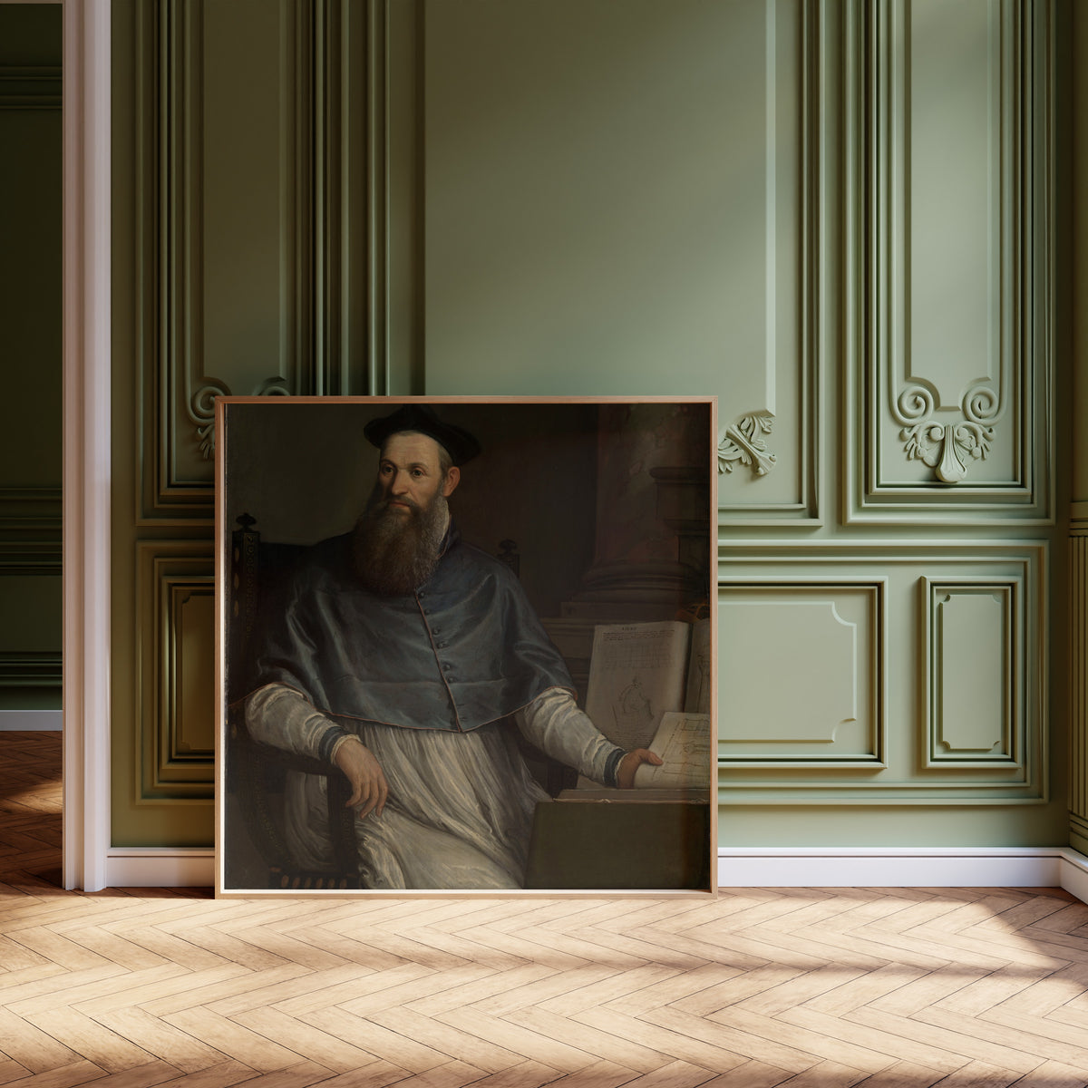 Framed art print of Portrait of Daniele Barbaro by Paolo Veronese, leaning against olive-green panelling on a herringbone floor
