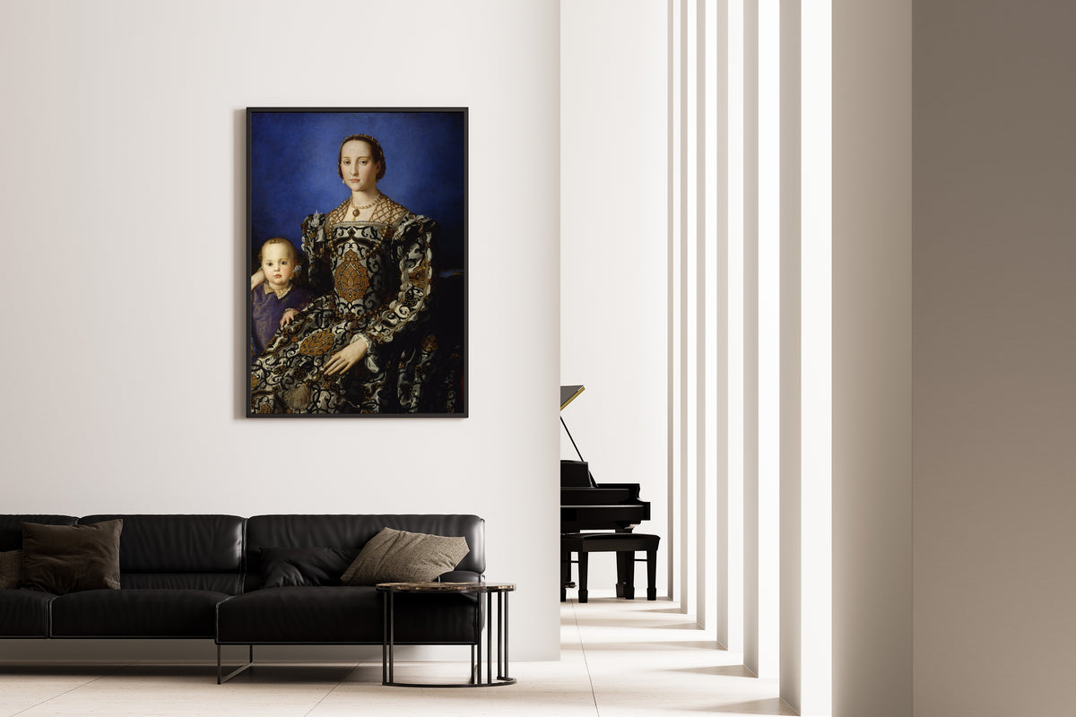 Framed art print of Portrait of Eleanor of Toledo with Her Son Giovanni de’ Medici by Bronzino, on the wall of a minimal living room