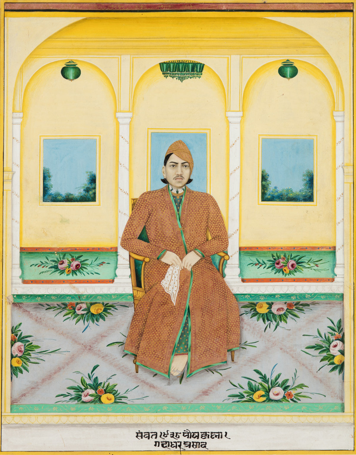 Portrait of Gadadhar Prasad by Alwar school — A seated gentleman before a pale yellow arcade of roses