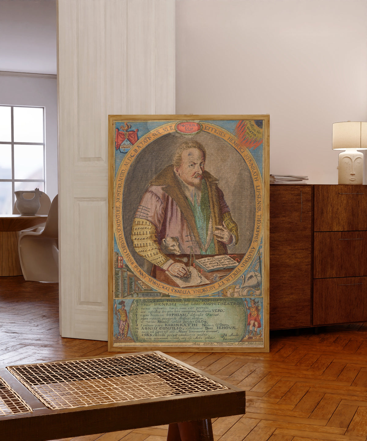 Framed art print of Heinrich Khunrath by Jan Diricks van Campen, in a light wood frame leaning in a warm room with a parquet floor