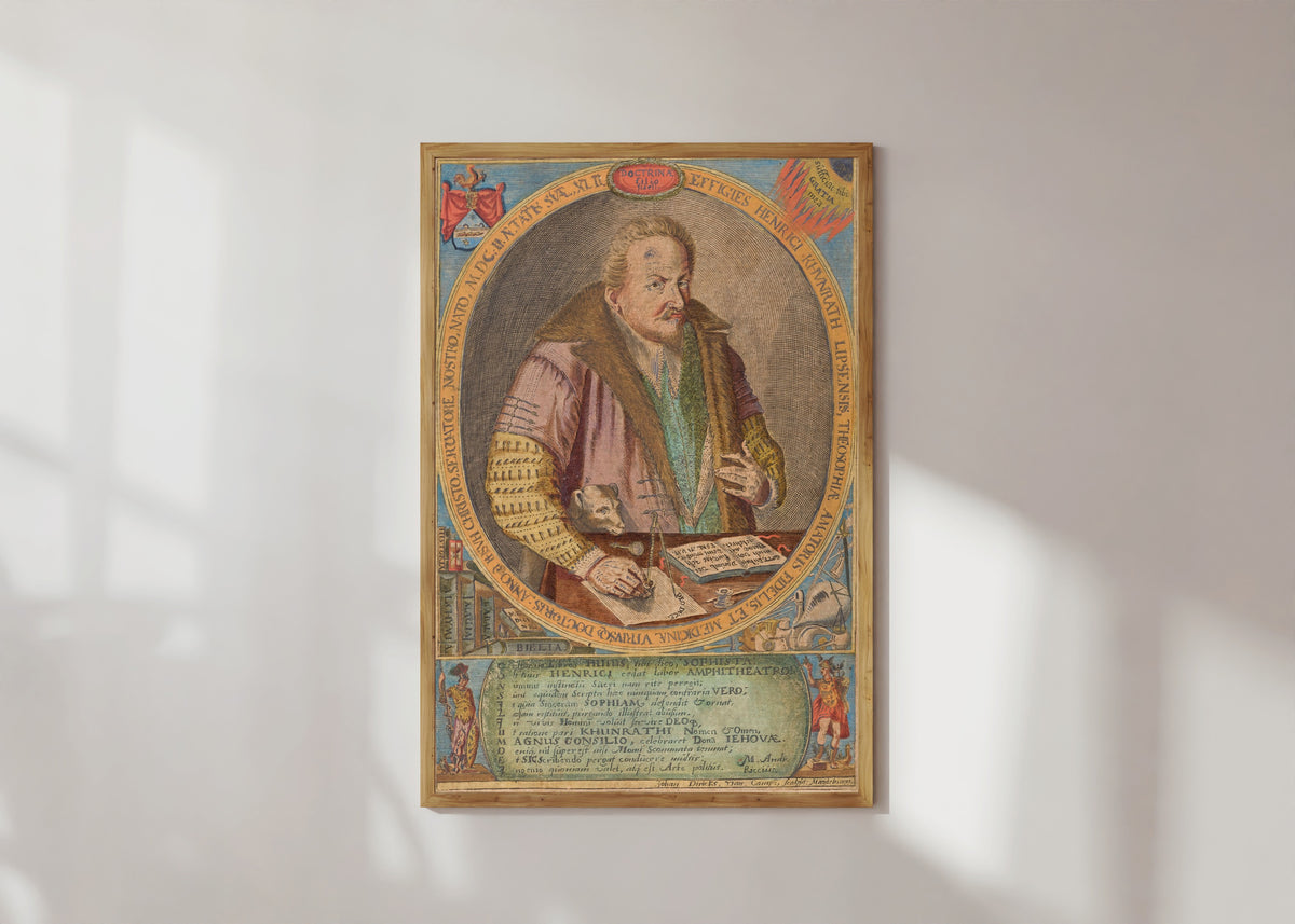 Framed art print of Heinrich Khunrath by Jan Diricks van Campen, in a light wood frame on a sunlit white wall