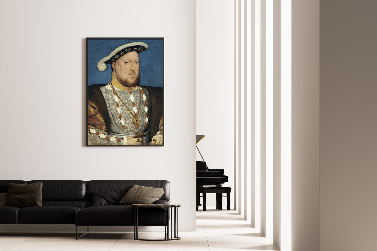 Framed art print of Portrait of Henry VIII by Hans Holbein the Younger, on the wall of a minimal living room