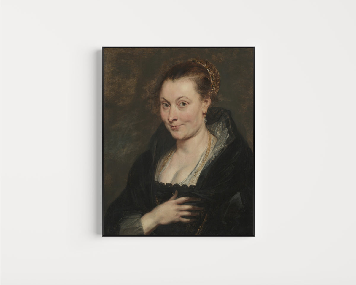 Framed art print of Portrait of Isabella Brant by Peter Paul Rubens, in a slim black frame on a plain white wall