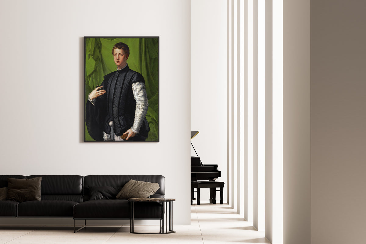 Framed art print of Portrait of Lodovico Capponi by Bronzino, on the wall of a minimal living room