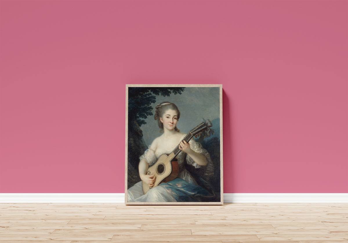 Framed art print of Portrait of… by Élisabeth Louise Vigée Le Brun, in a light wood frame leaning on a pink wall above a wooden floor